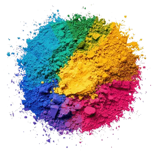 Monte circular de corante em pó reunindo azul, verde, amarelo, magenta e violeta